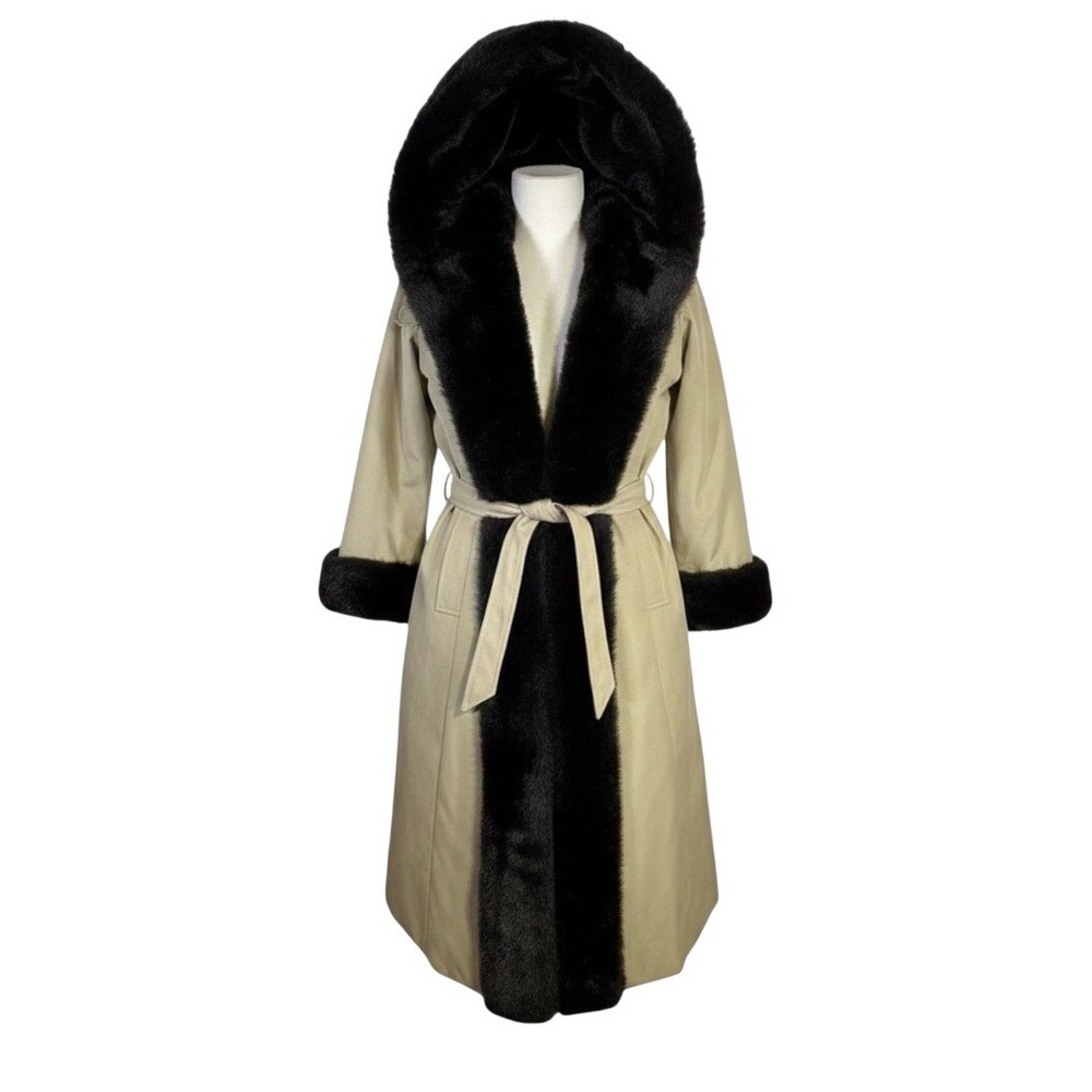 1970's Climate-Tamer Trench Coat‎ Women M Tan Faux Fur Trim Hooded Belted Glam